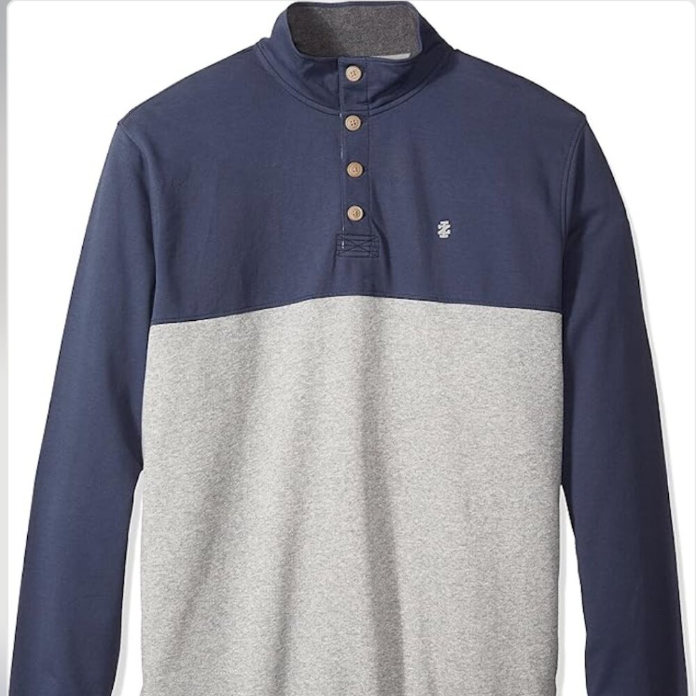 IZOD Men's Saltwater Colorblock Button Mock Sweater – Anchor Navy/Grey, Size L